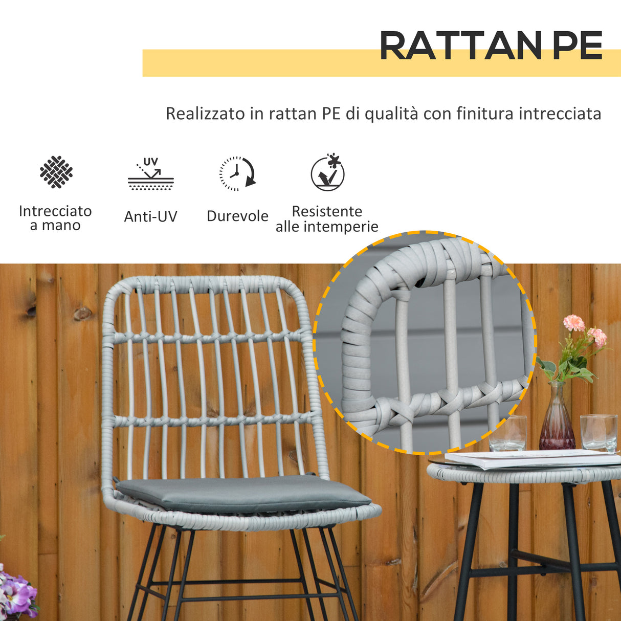 easycomfort easycomfort set mobili da giardino 3 pezzi con tavolino e sedie in rattan pe poilestere e acciaio per esterni grigio