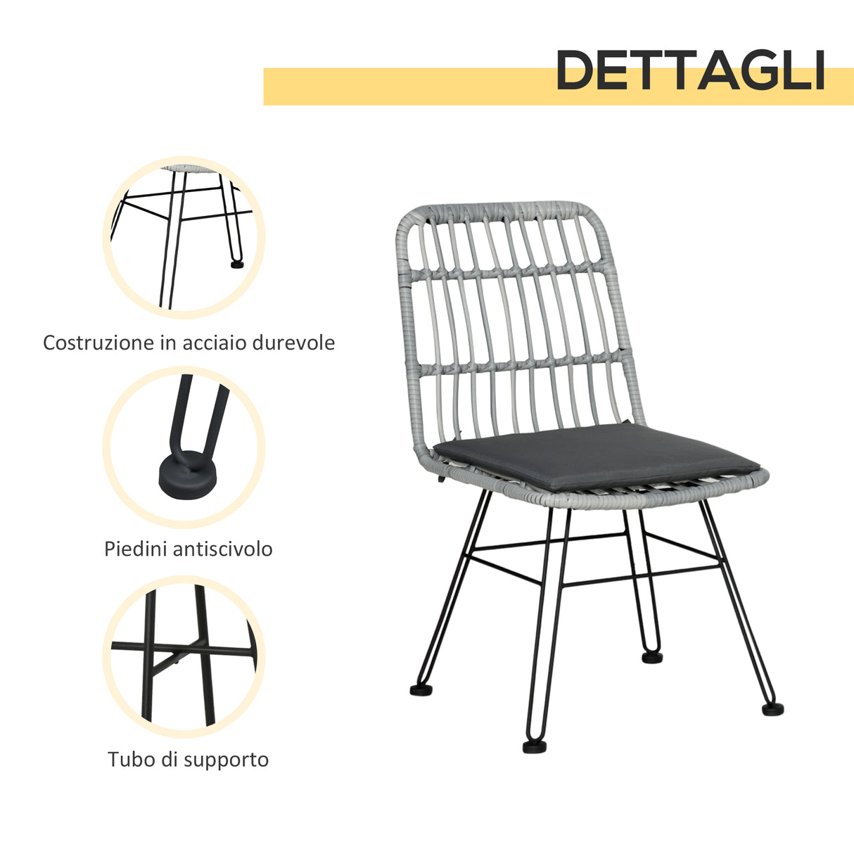 easycomfort easycomfort set mobili da giardino 3 pezzi con tavolino e sedie in rattan pe poilestere e acciaio per esterni grigio