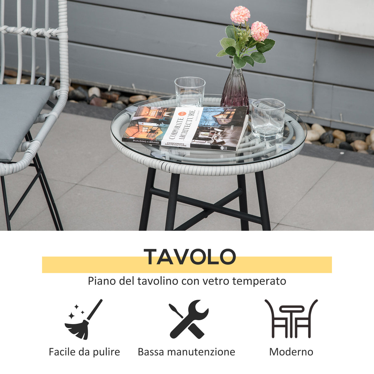 easycomfort easycomfort set mobili da giardino 3 pezzi con tavolino e sedie in rattan pe poilestere e acciaio per esterni grigio