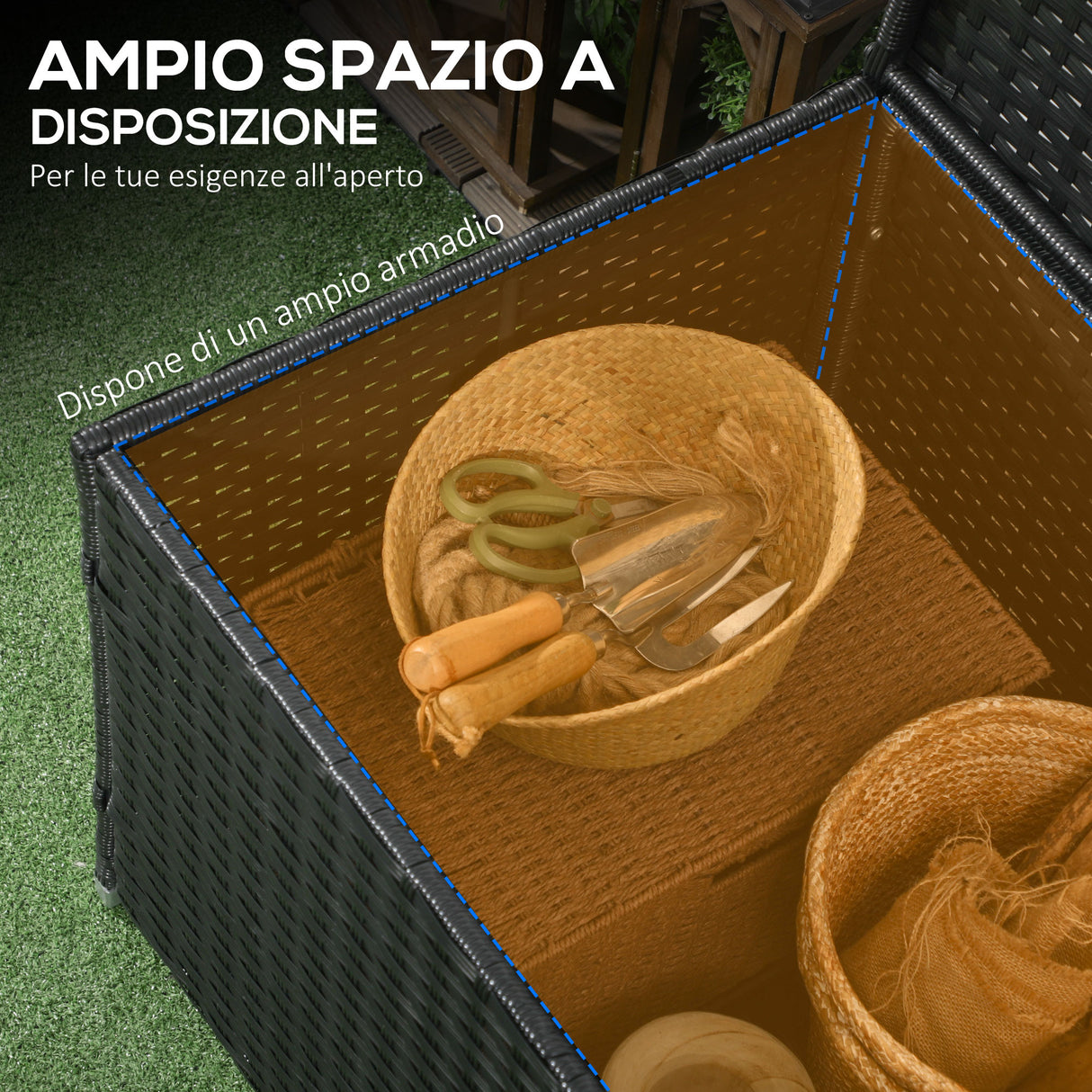 easycomfort easycomfort baule da giardino in rattan e acciaio con coperchio 95x60x53cm nero