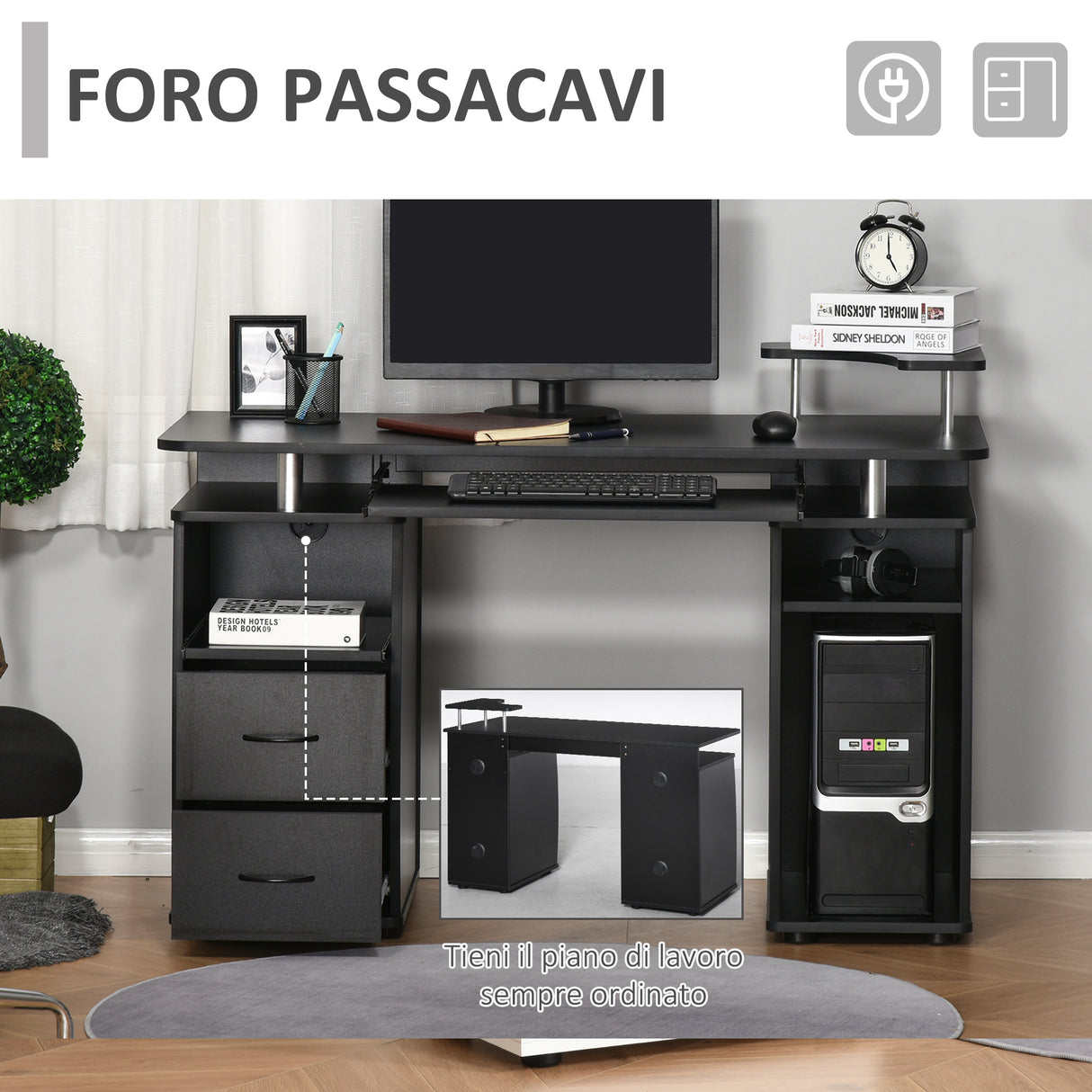 easycomfort easycomfort scrivania in legno con cassetti mensola estraibile e ripiano rialzato nero