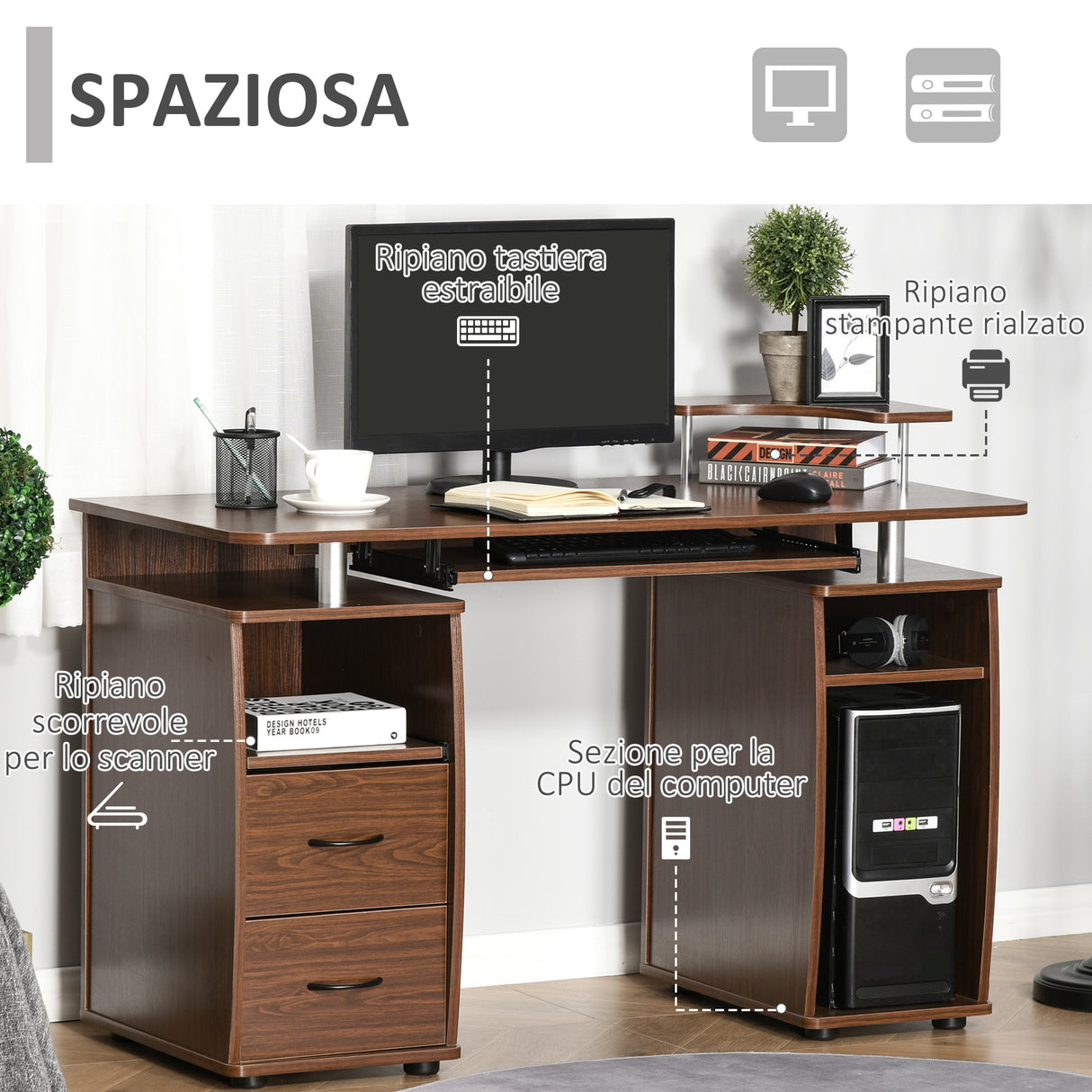 easycomfort easycomfort scrivania porta pc in legno con cassetti e porta tastiera casa e ufficio marrone noce ean 8054144132327