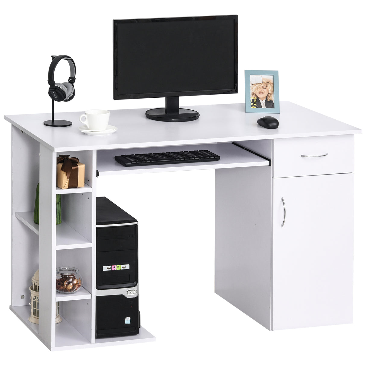 easycomfort easycomfort scrivania per pc ergonomica con mensole armadietto cassetto e piano tastiera estraibile bianca 120x60x74cm ean 8054111849340
