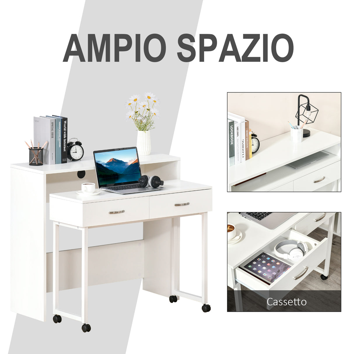 easycomfort easycomfort scrivania per camera e ufficio con cassetti e ruote postazione di lavoro doppia o singola 100x36x88cm bianco
