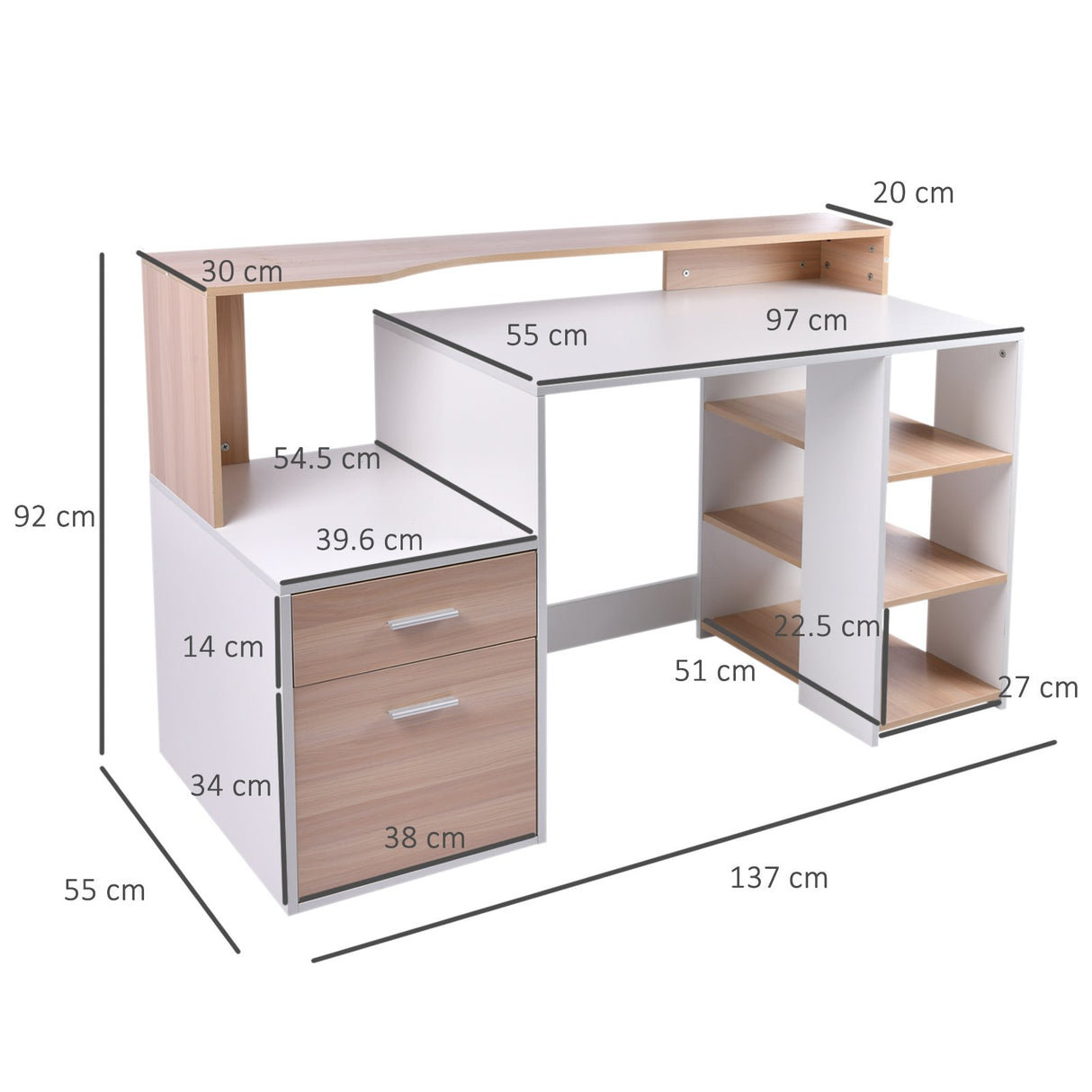 easycomfort easycomfort moderna scrivania per computer con ripiani in legno mdf 137x55x92cm ean 8054111846738