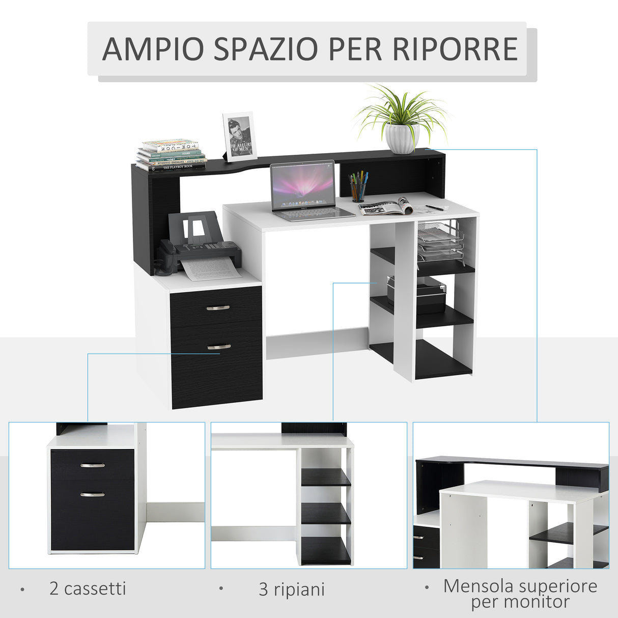 easycomfort easycomfort scrivania moderna per computer con ripiani in legno mdf bianco e nero 140x55x92cm ean 8054111847940
