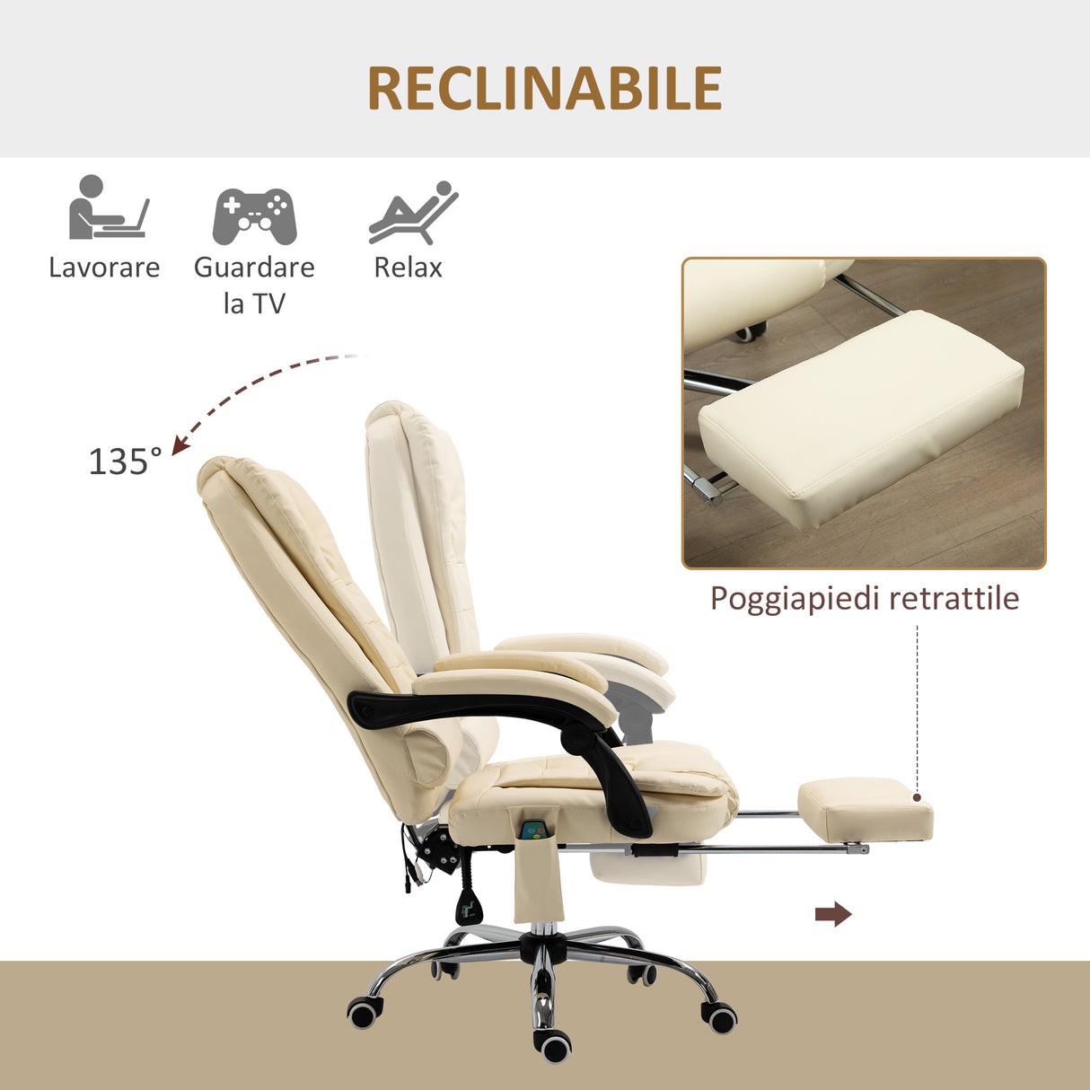 easycomfort easycomfort poltrona massaggiante ergonomica ad altezza regolabile con 6 punti vibranti 65x160x104 cm crema