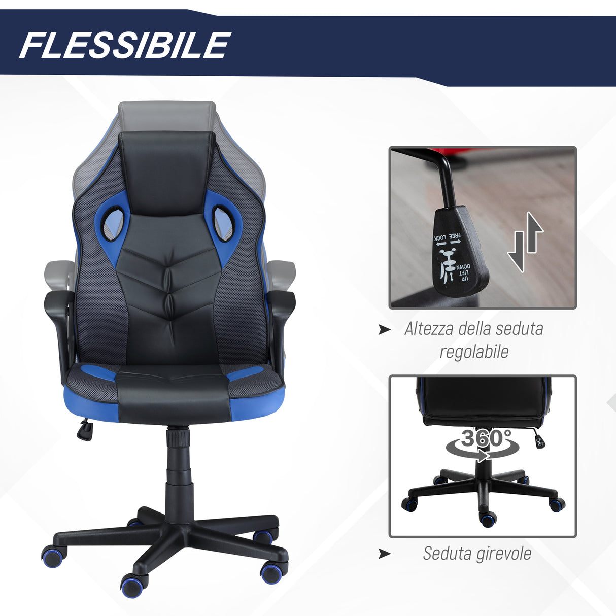 easycomfort easycomfort sedia gaming ergonomica poltrona da ufficio girevole con rotelle in pelle pu nera e blu altezza regolabile
