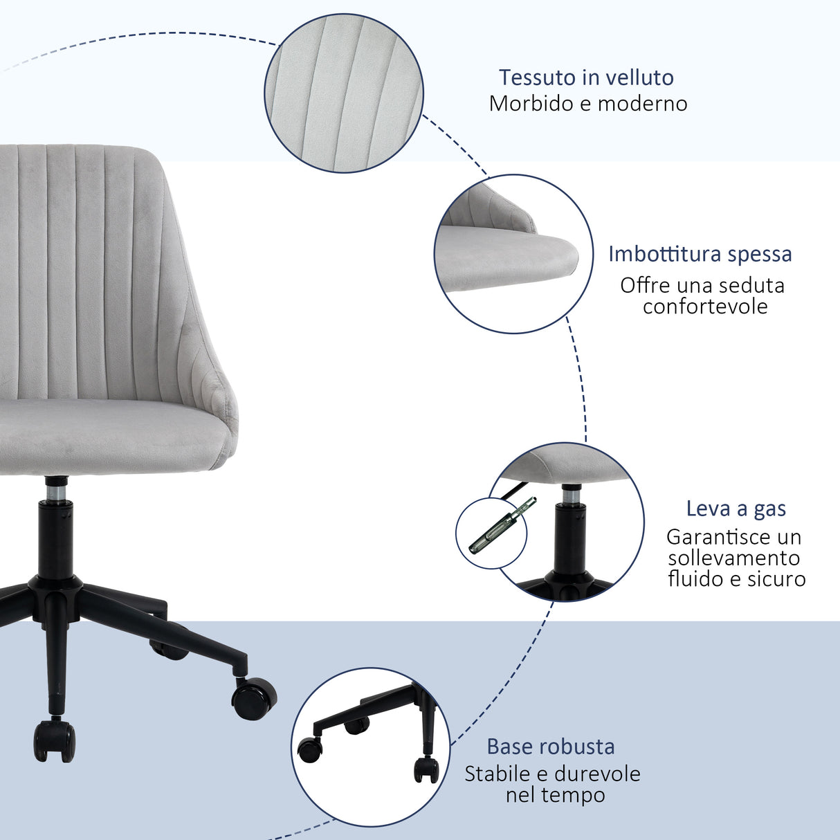 easycomfort easycomfort sedia da ufficio in velluto grigio con altezza regolabile sedia ergonomica girevole a 360 e ruote 50x58x77 87cm