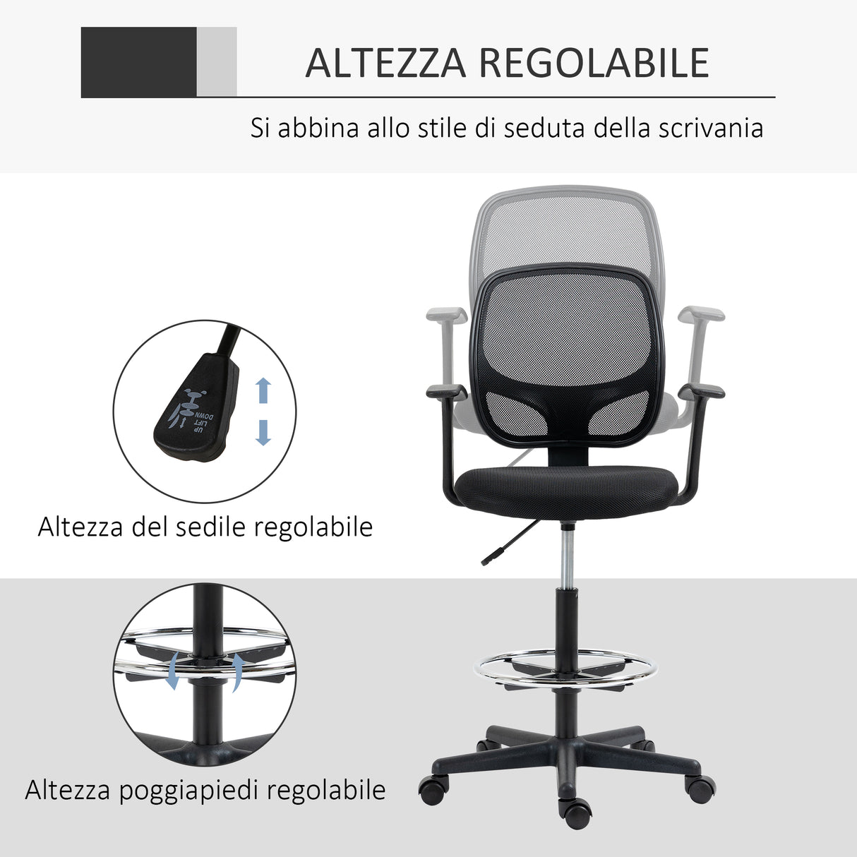 easycomfort easycomfort sedia da ufficio ad altezza regolabile con braccioli rotelle e seduta imbottita 60x56x110 132 cm nera