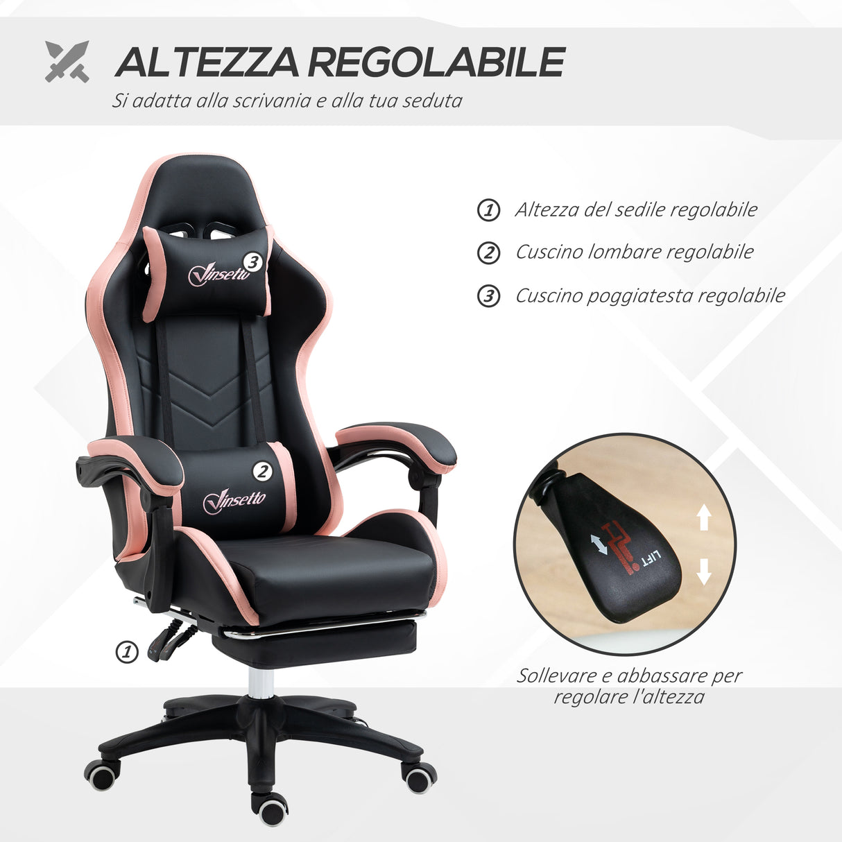 easycomfort easycomfort sedia da gaming rosa e nero con altezza regolabile e schienale reclinabile 65x65x121 129 cm
