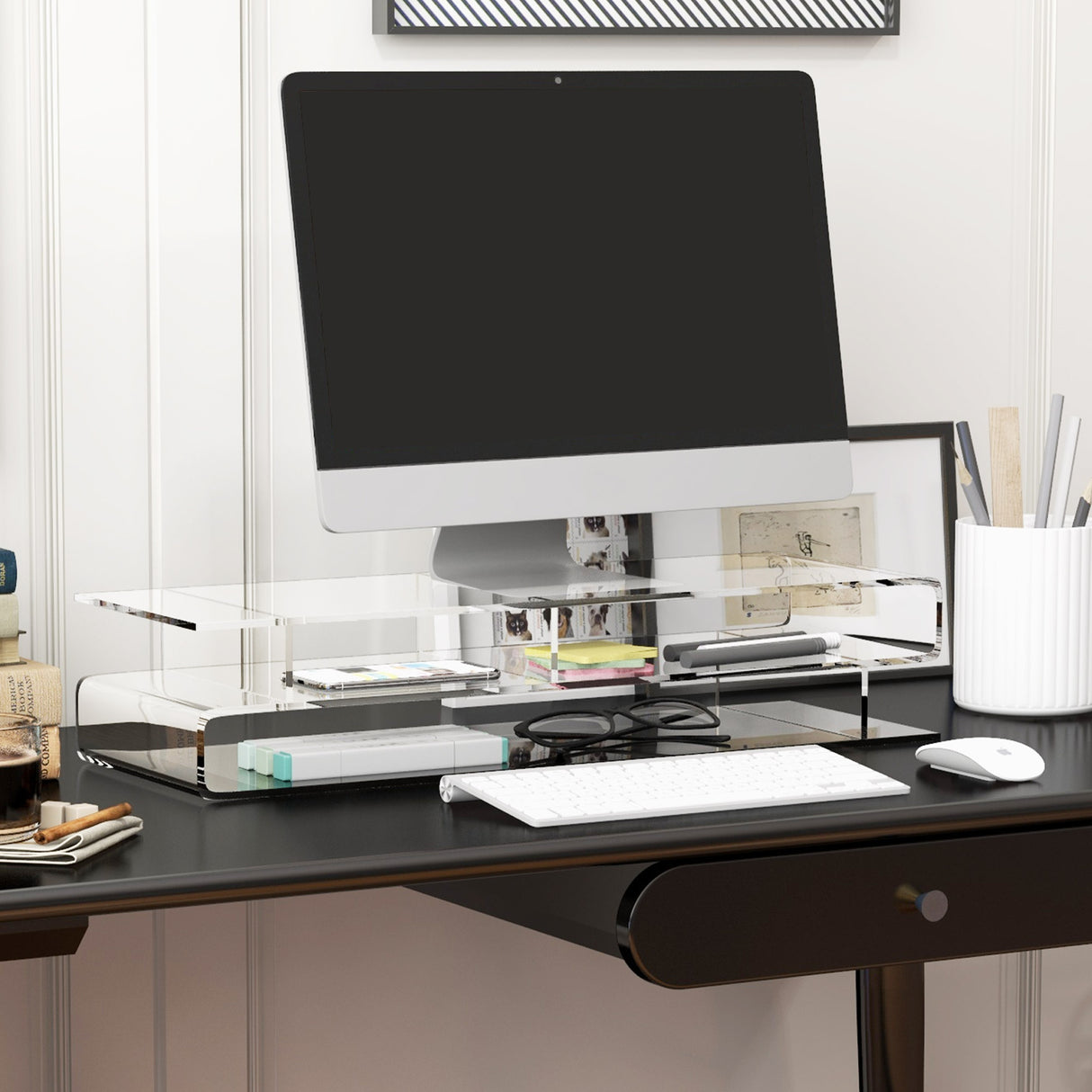 easycomfort easycomfort supporto per monitor pc in acrilico con scomparti centrali 57x19x11 5cm trasparente