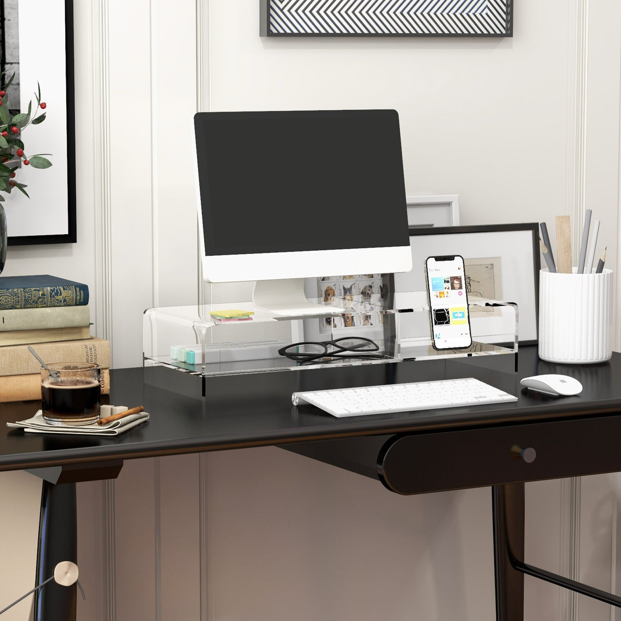 easycomfort easycomfort supporto monitor pc 24 max con 2 ripiani aperti in acrilico trasparente 50 8x19x12 cm