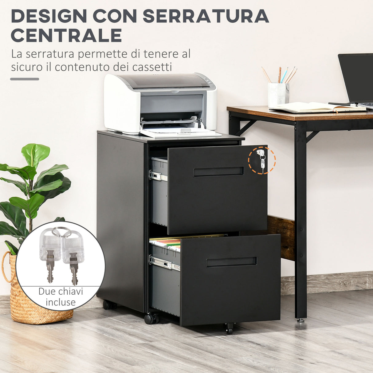 easycomfort easycomfort cassettiera da ufficio in acciaio con ruote 2 cassetti con serratura 39x48x67cm nero