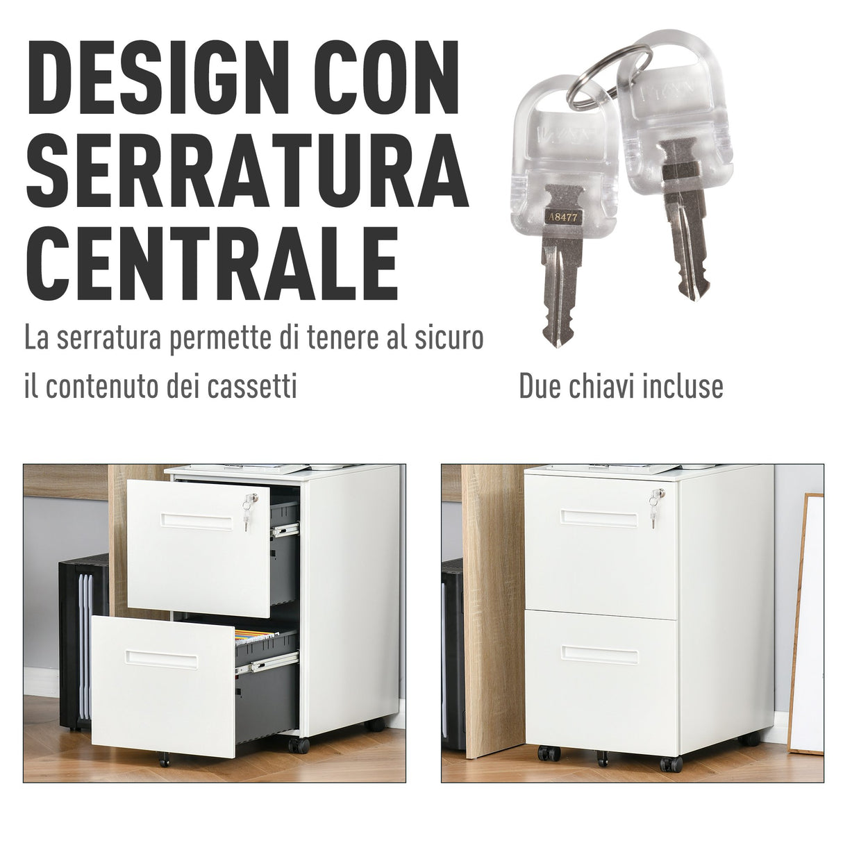 easycomfort easycomfort cassettiera da ufficio in acciaio con ruote schedario portadocumenti 2 cassetti e serratura 39x48x67cm bianco