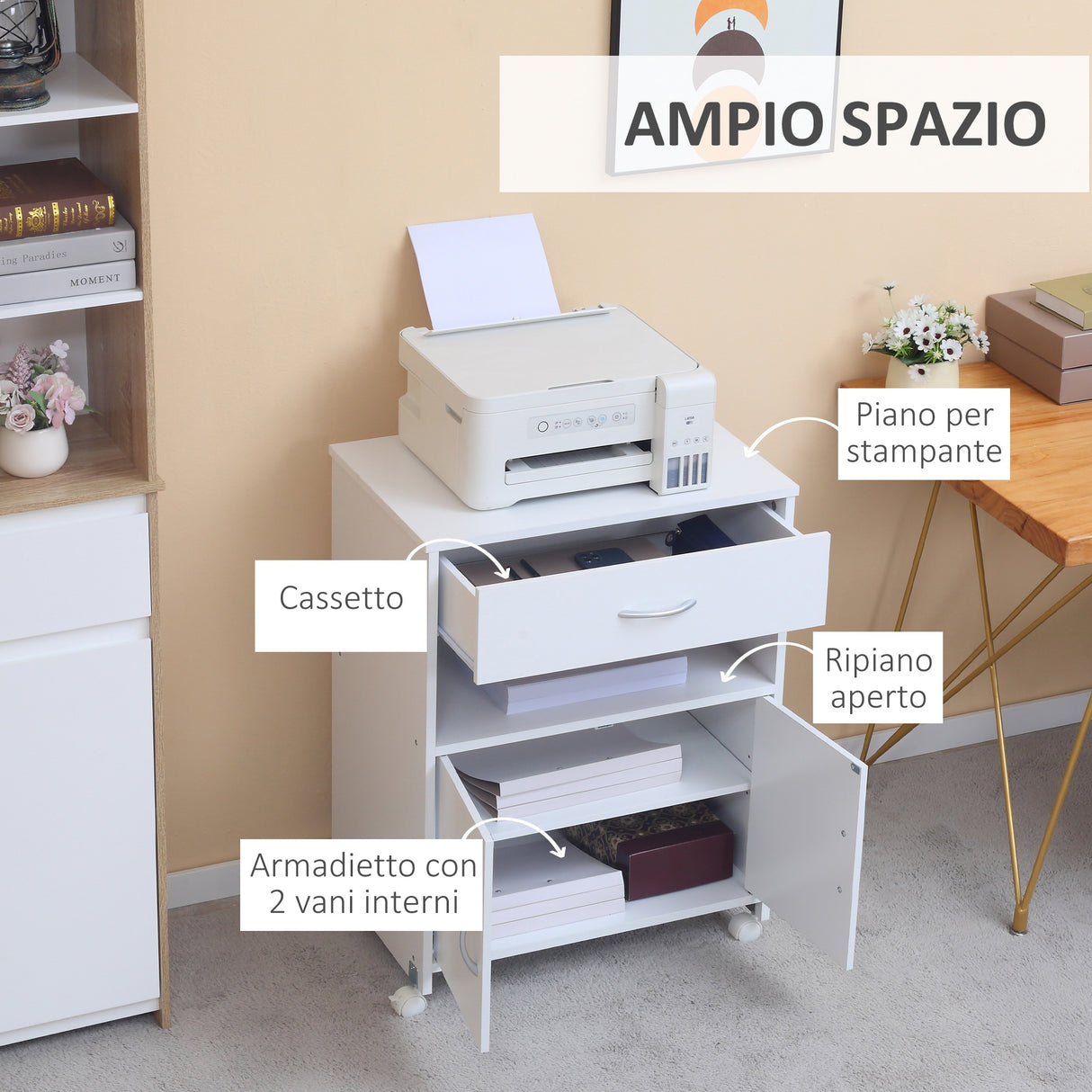 easycomfort easycomfort mobile porta stampante con 4 ruote cassetto e armadietto 60x39x80cm bianco