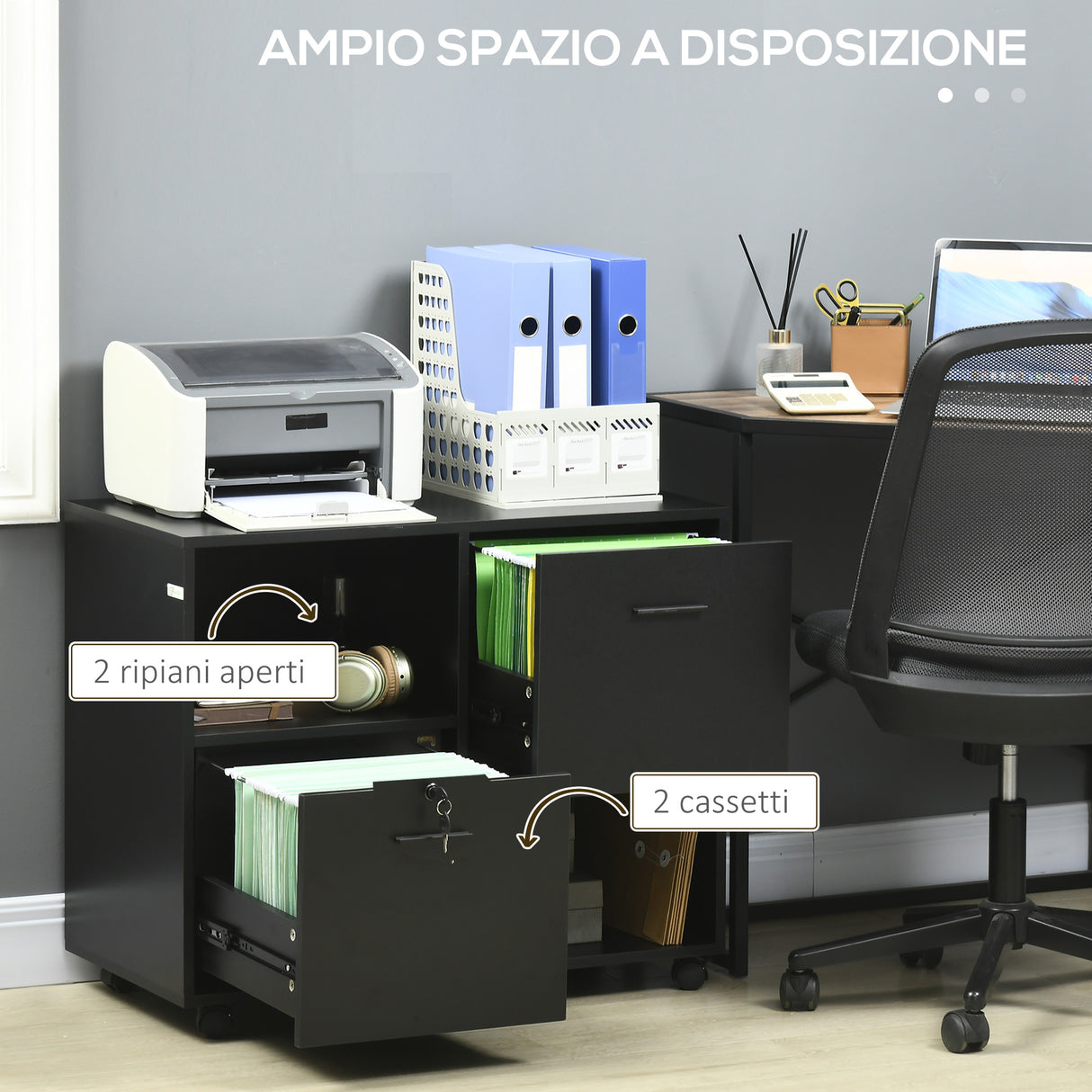 easycomfort easycomfort mobile da ufficio con 2 cassetti porta documenti e ripiani ruote con blocco 80x40x66cm nero