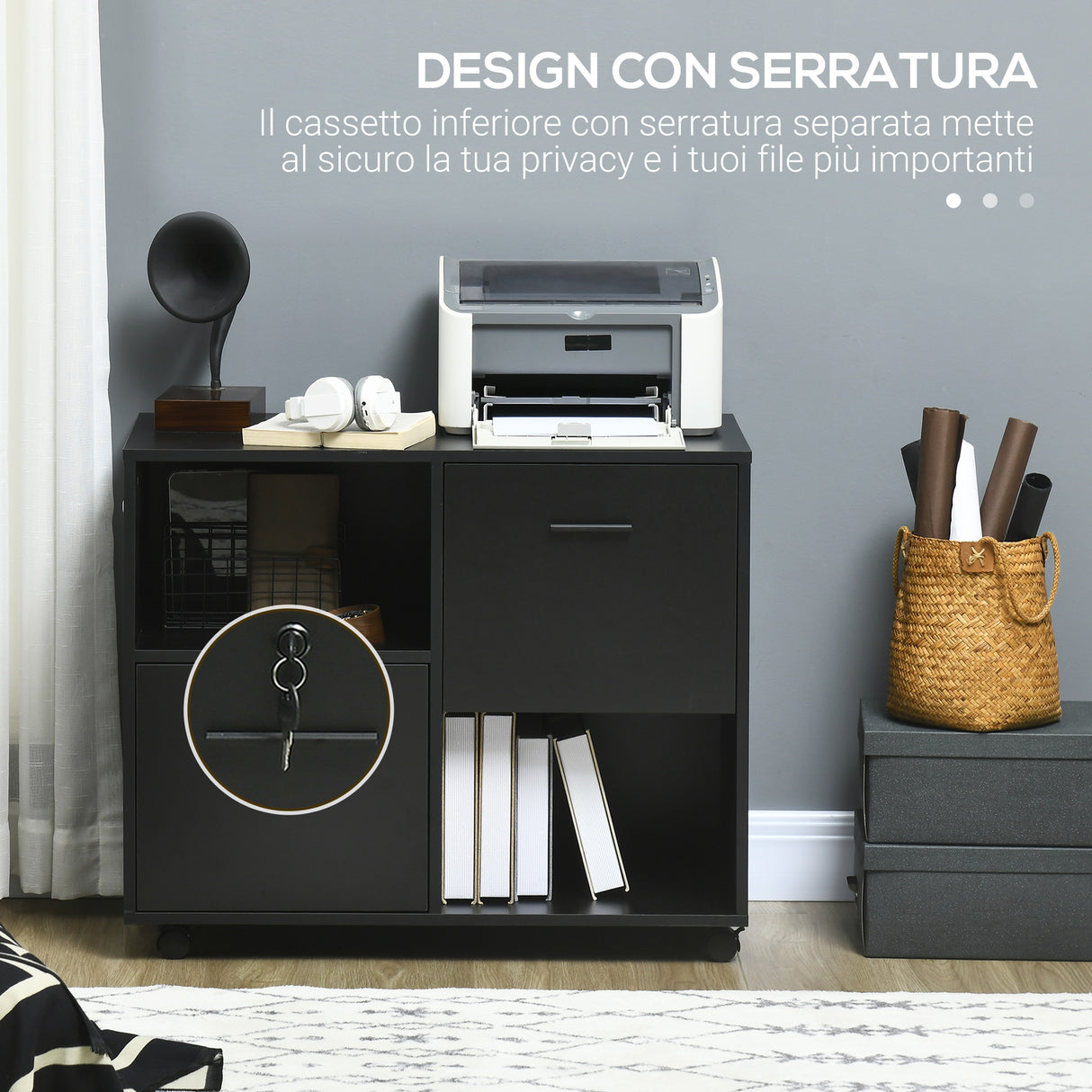easycomfort easycomfort mobile da ufficio con 2 cassetti porta documenti e ripiani ruote con blocco 80x40x66cm nero
