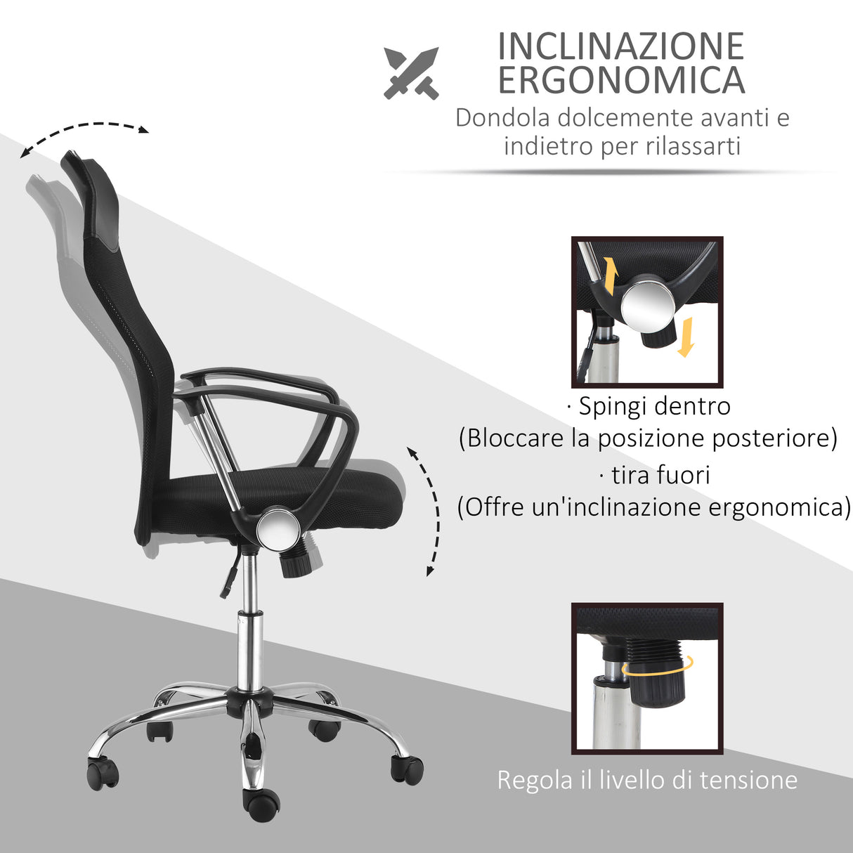 easycomfort easycomfort sedia ergonomica da ufficio girevole e dondolo con ruote altezza regolabile e schienale a rete nero