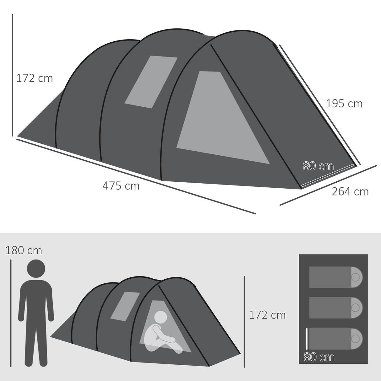 easycomfort easycomfort tenda da campeggio 3 4 persone due stanze con finestre borsa da trasporto 475x264x172cm nero