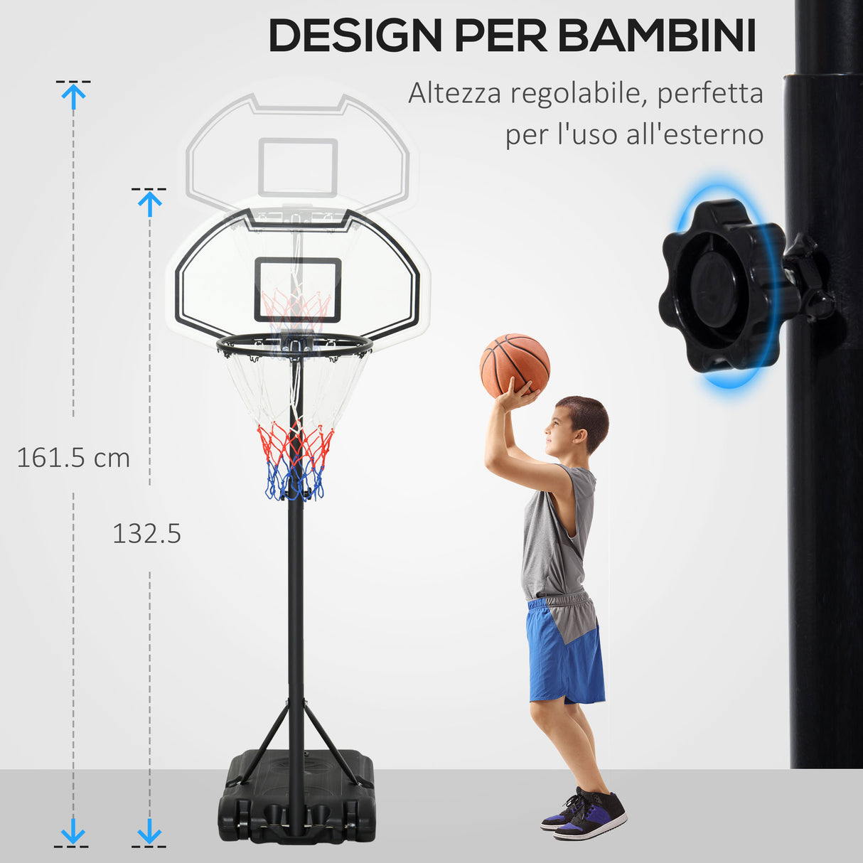 easycomfort easycomfort canestro basket per bambini ad altezza regolabile 132 5 161 5 cm con base riempibile e ruote multicolore