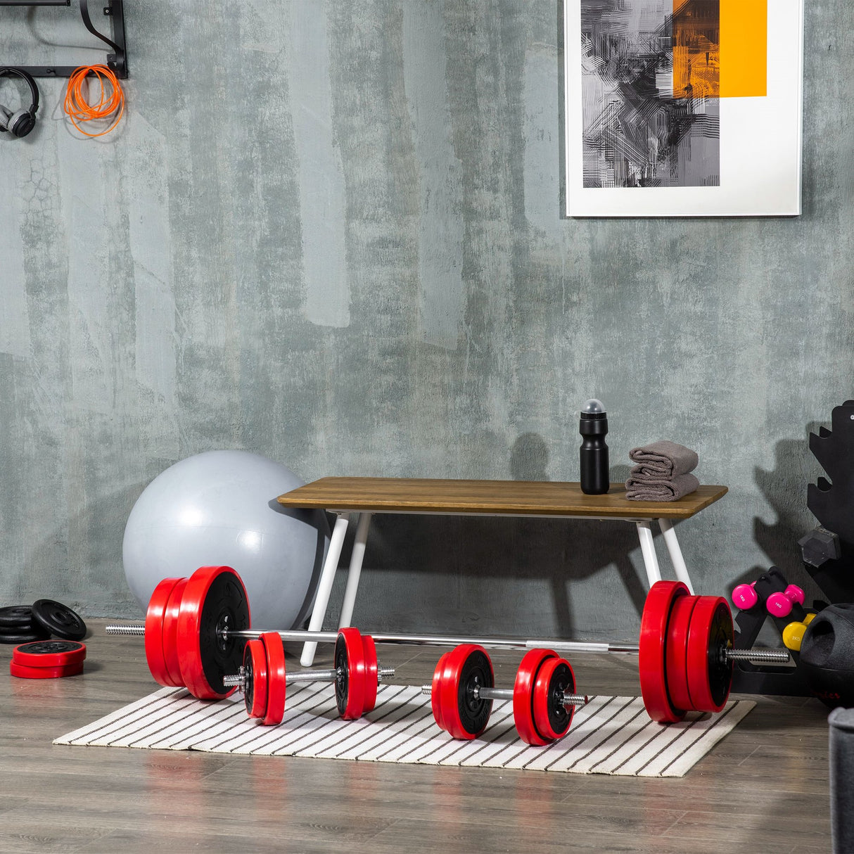 easycomfort easycomfort set bilanciere e dischi 65kg totali per workout in casa in metallo sabbia di ferro e gomma rosso