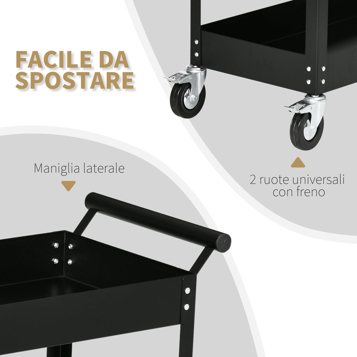 easycomfort easycomfort carrello porta attrezzi a 2 ripiani in acciaio 84 5x38x84cm nero