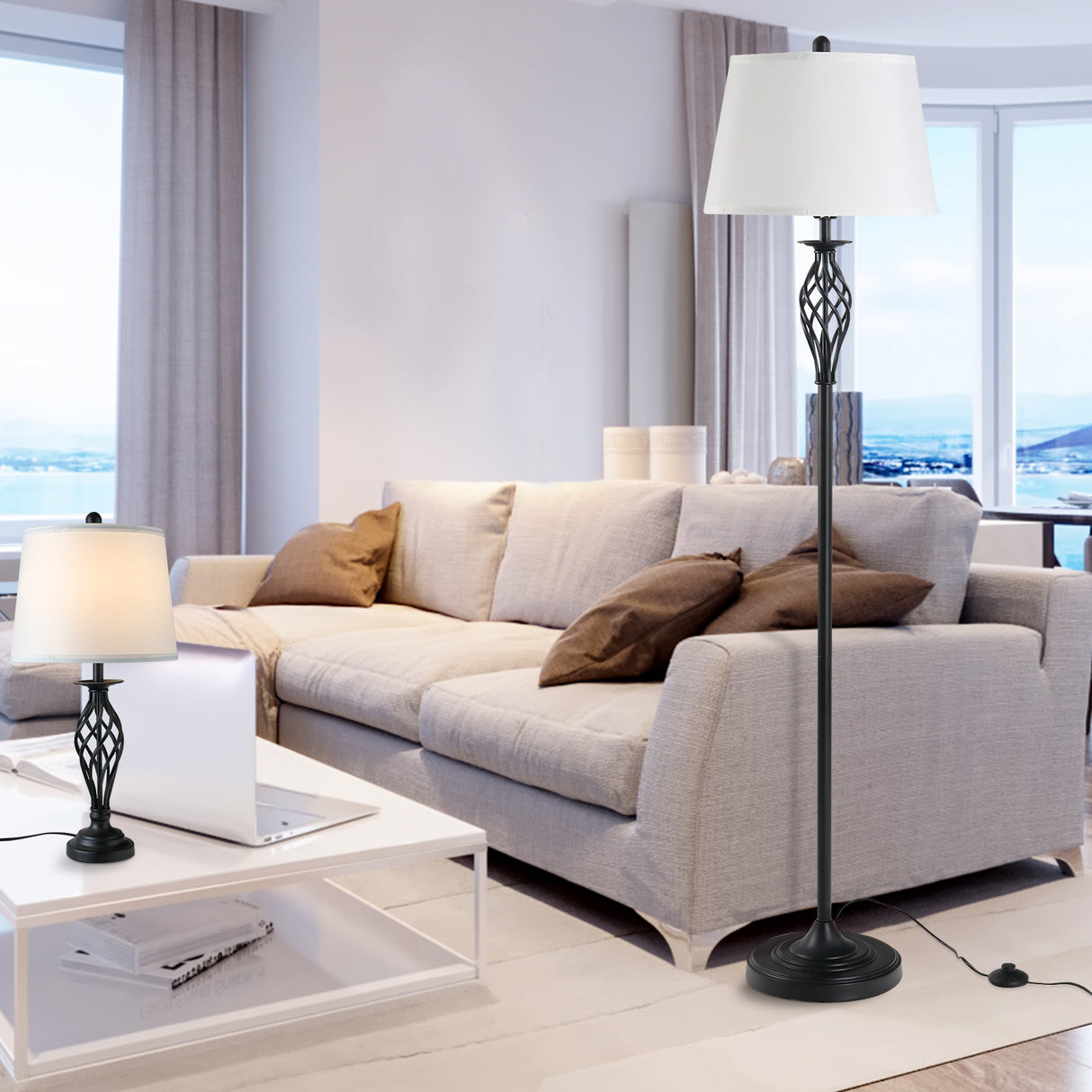 easycomfort easycomfort set 3 pezzi lampada da terra e 2 lampade da tavolo in metallo design vintage lampadine e27 nero e bianco ean 8054144133508