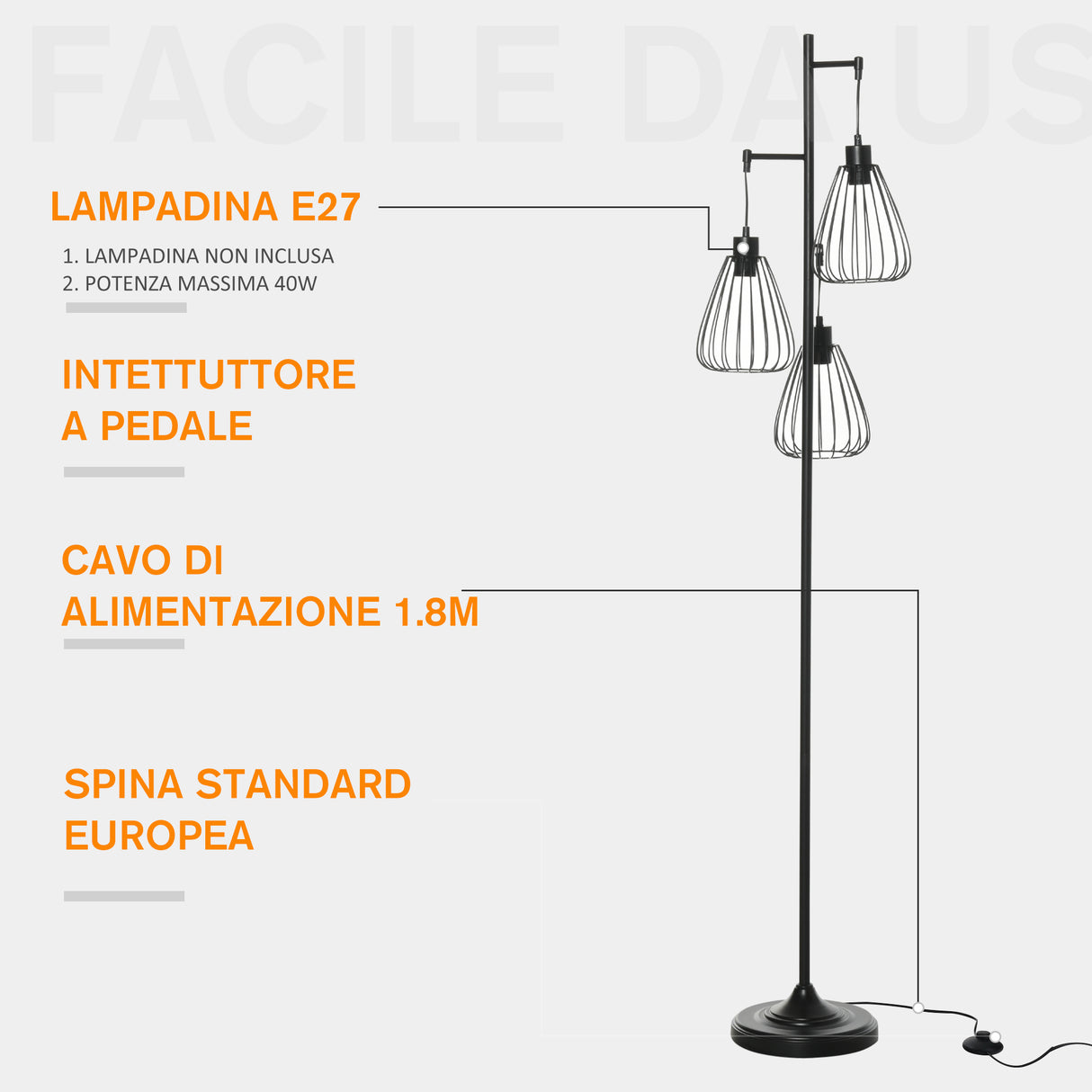 easycomfort easycomfort lampada da terra vintage industriale in metallo nero lampada a piantana da terra moderna 35 x 170cm ean 8054144133942