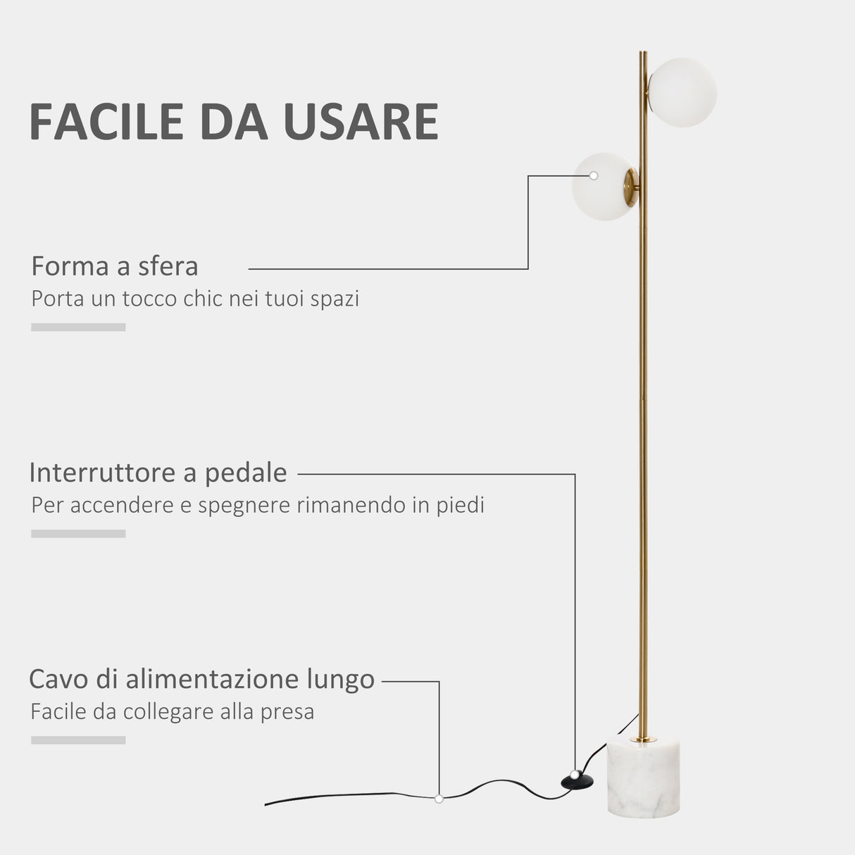 easycomfort easycomfort lampada da terra con 2 paralumi a sfera e interruttore a pedale 35x35x165cm oro e bianco
