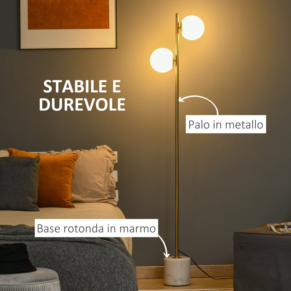 easycomfort easycomfort lampada da terra con 2 paralumi a sfera e interruttore a pedale 35x35x165cm oro e bianco