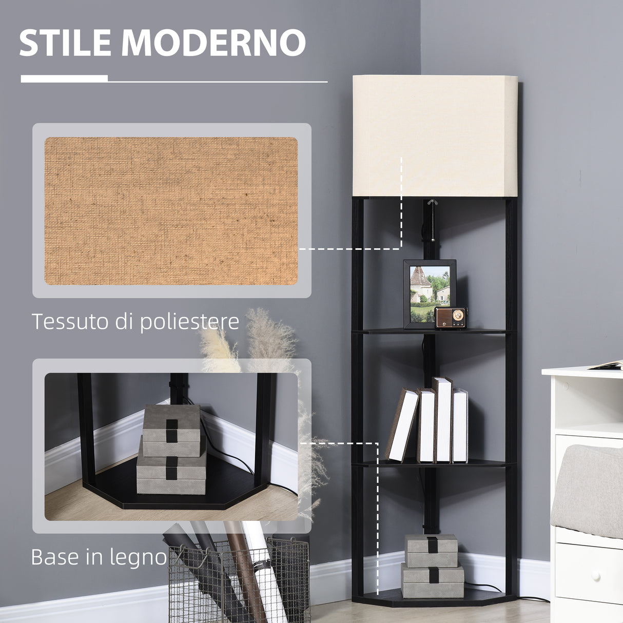 easycomfort easycomfort lampada da terra angolare con ripiani e paralume in tessuto 50x37x159cm nero