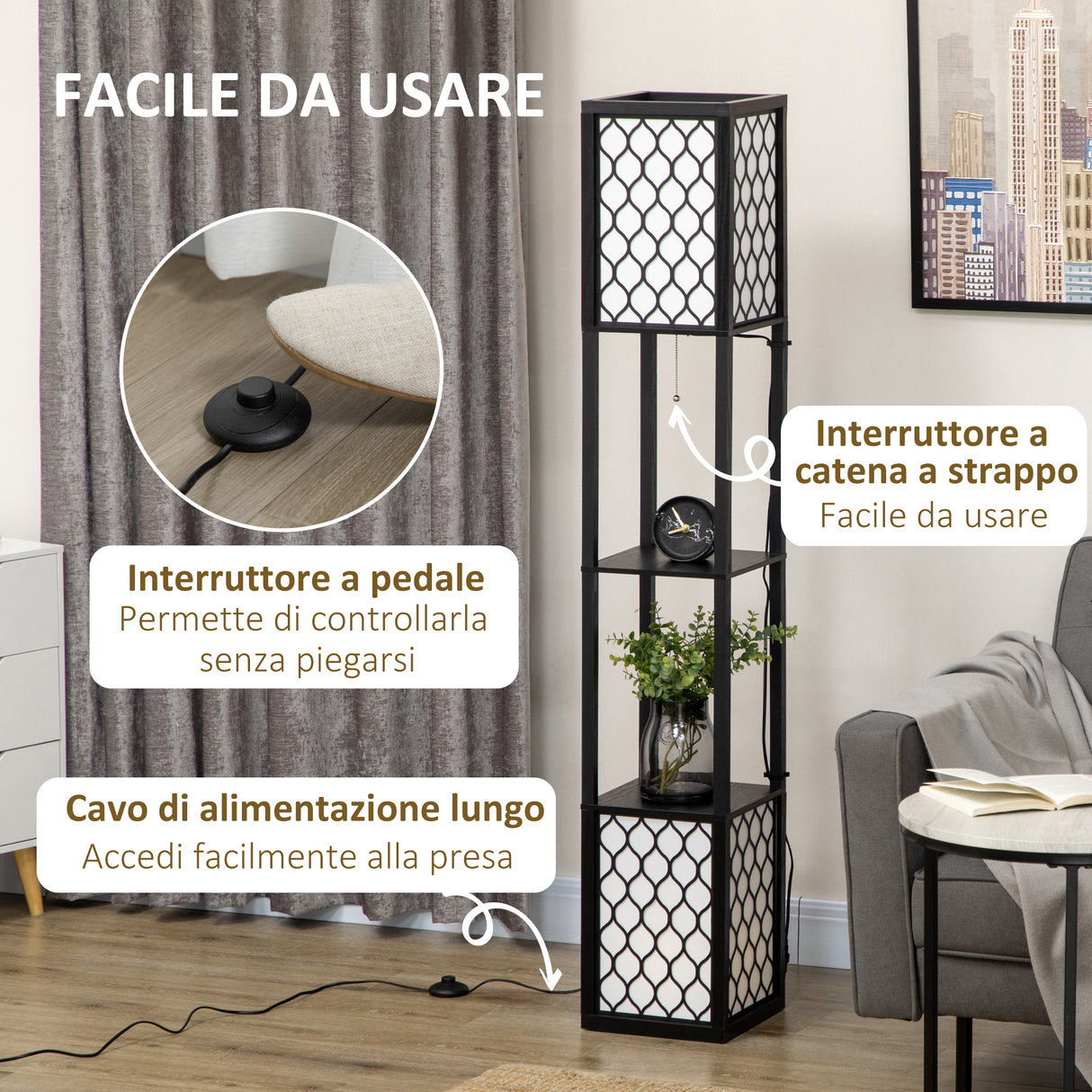 easycomfort easycomfort lampada da terra a colonna in mdf e plastica con 2 ripiani per soggiorno studio e camera da letto 26x26x156 cm