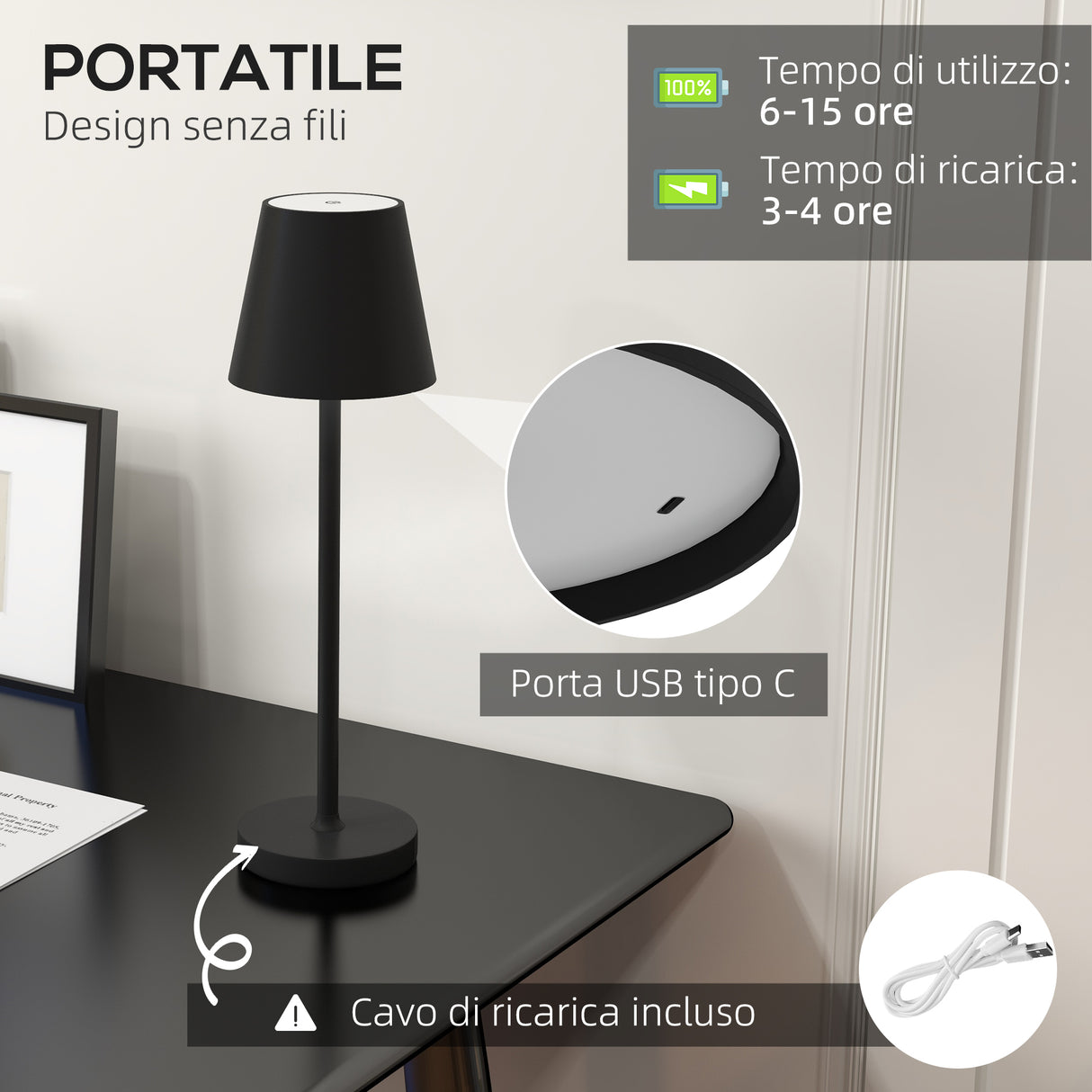 easycomfort easycomfort lampada da tavolo portatile in acrilico e metallo da 3600mah con cavo di ricarica 11 2x36 5 cm nero