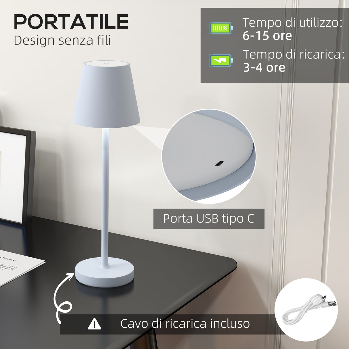 easycomfort easycomfort lampada da tavolo portatile in acrilico e metallo da 3600mah con cavo di ricarica 11 2x36 5 cm grigio