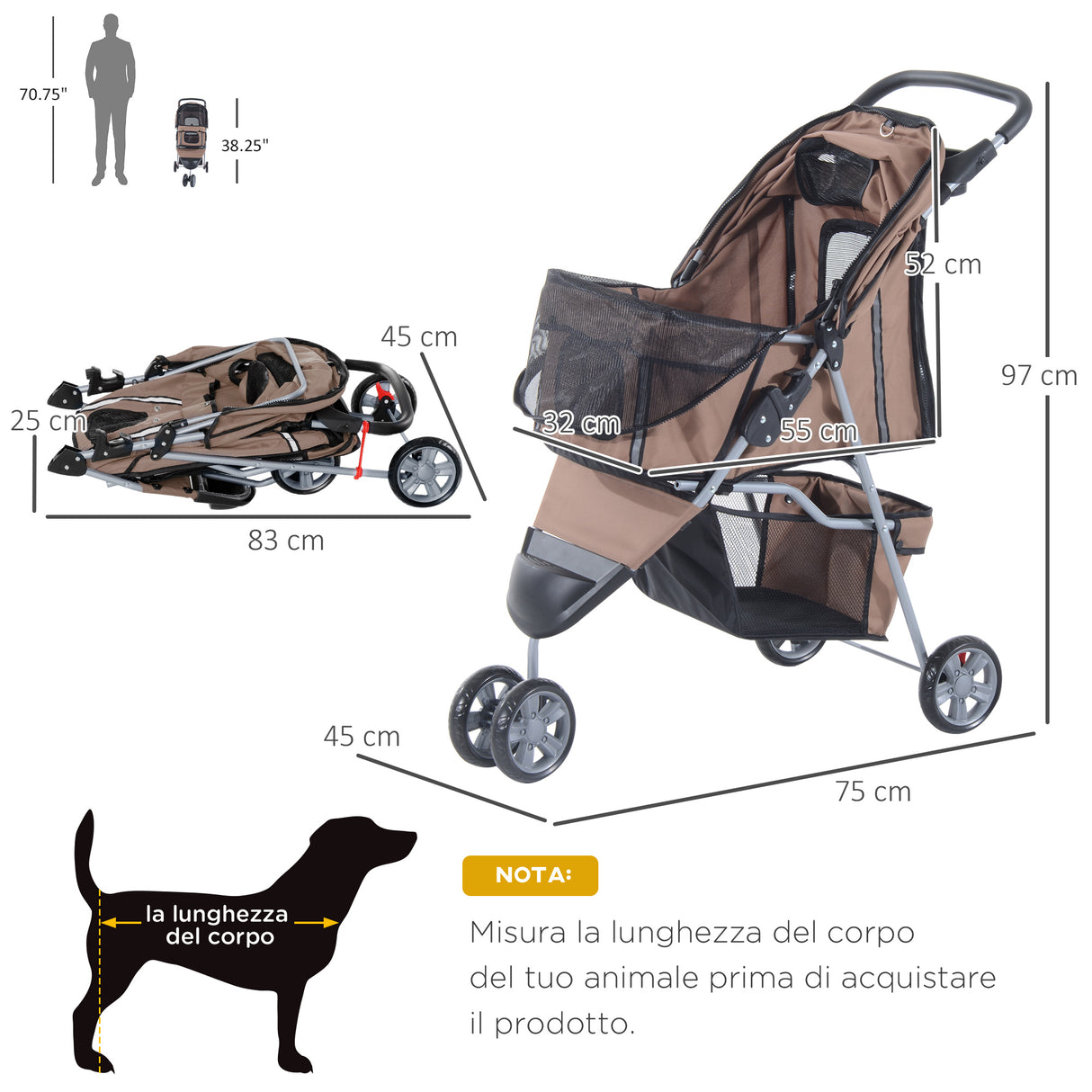 easycomfort easycomfort passeggino per cani carrello per animali domestici caffe 75 x 45 x 97cm