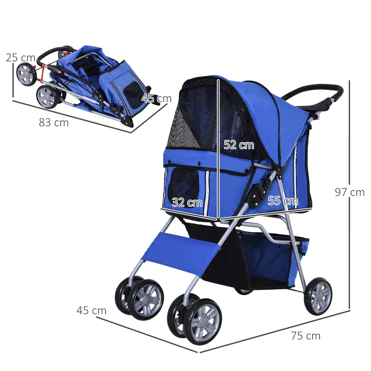 easycomfort easycomfort passeggino per cani pieghevole in tessuto con cestino e portabicchieri 75x45x97cm blu