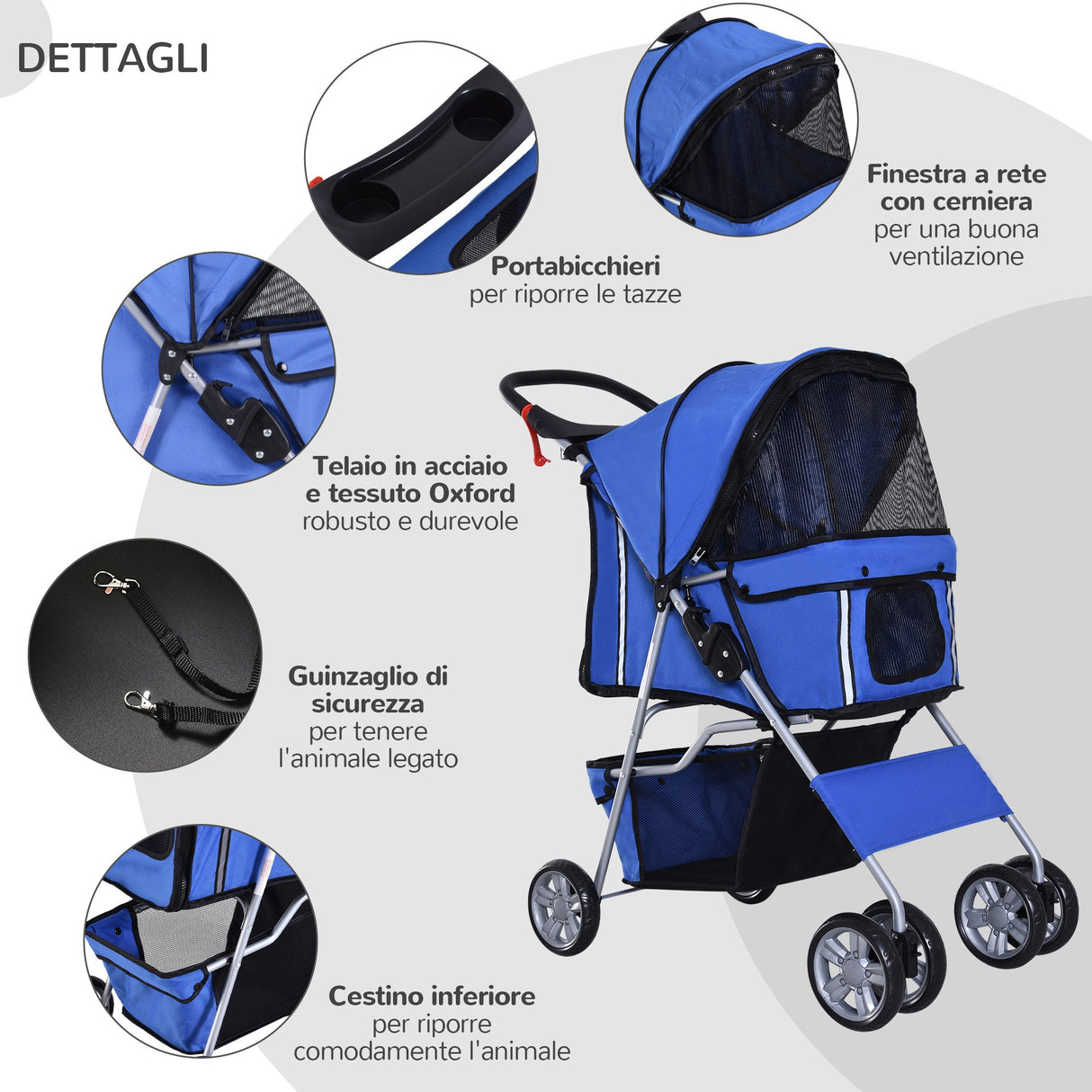 easycomfort easycomfort passeggino per cani pieghevole in tessuto con cestino e portabicchieri 75x45x97cm blu