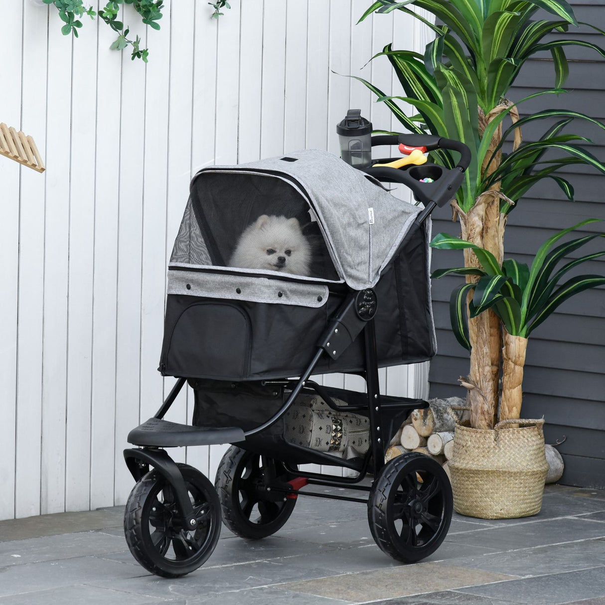 easycomfort easycomfort passeggino per cani pieghevole a 3 ruote con freno cestino portaoggetti e porta bottiglia in acciaio e oxford grigio e nero 109.5x54.5x106.5cm