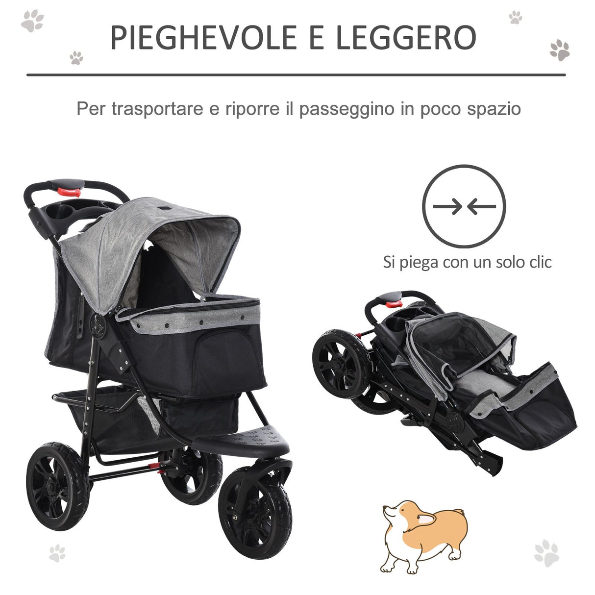 easycomfort easycomfort passeggino per cani pieghevole a 3 ruote con freno cestino portaoggetti e porta bottiglia in acciaio e oxford grigio e nero 109.5x54.5x106.5cm