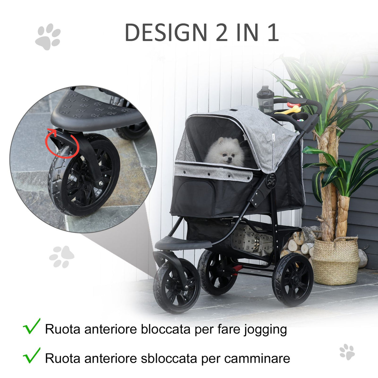 easycomfort easycomfort passeggino per cani pieghevole a 3 ruote con freno cestino portaoggetti e porta bottiglia in acciaio e oxford grigio e nero 109.5x54.5x106.5cm