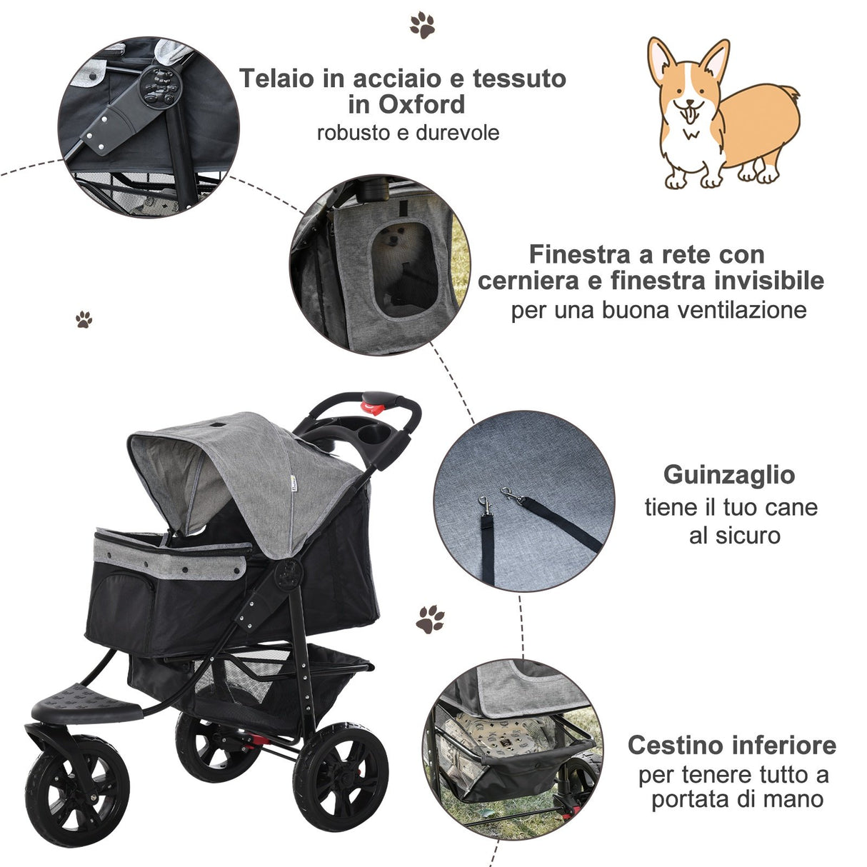 easycomfort easycomfort passeggino per cani pieghevole a 3 ruote con freno cestino portaoggetti e porta bottiglia in acciaio e oxford grigio e nero 109.5x54.5x106.5cm