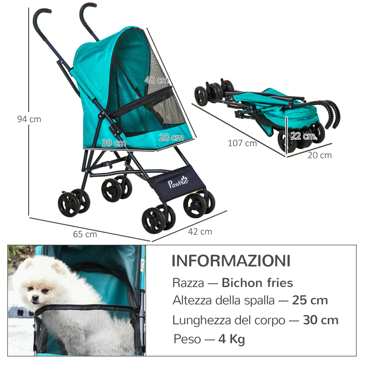 easycomfort easycomfort passeggino per cani piccoli pieghevole ruote con freno in eva e guinzaglio di sicurezza verde