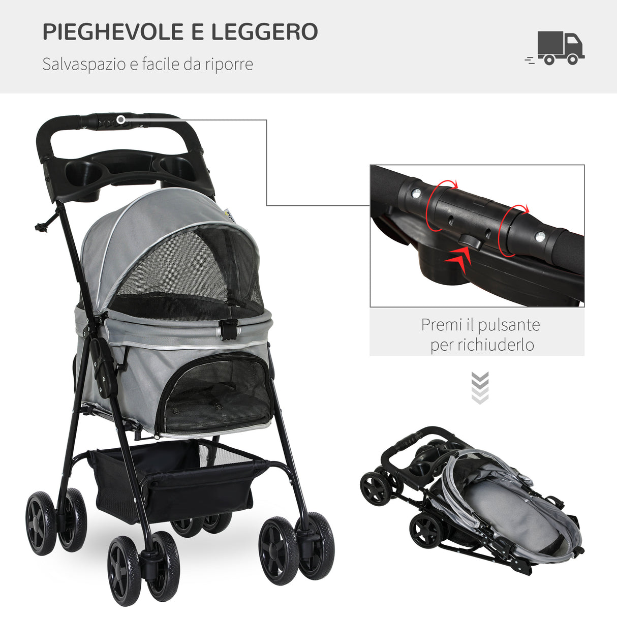 easycomfort easycomfort passeggino per cani piccoli pieghevole con guinzaglio di sicurezza e cestino portaoggetti grigio