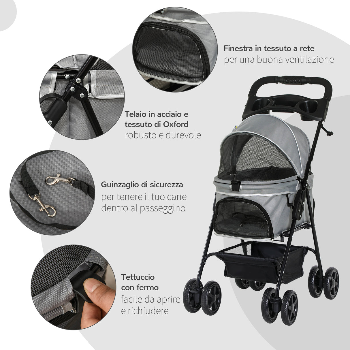 easycomfort easycomfort passeggino per cani piccoli pieghevole con guinzaglio di sicurezza e cestino portaoggetti grigio