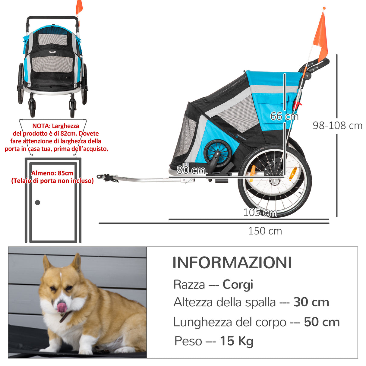 easycomfort easycomfort carrello trasporto cani sotto i 30kg con 2 ingressi finestre a rete e tetto apribile 150x82x98 108cm