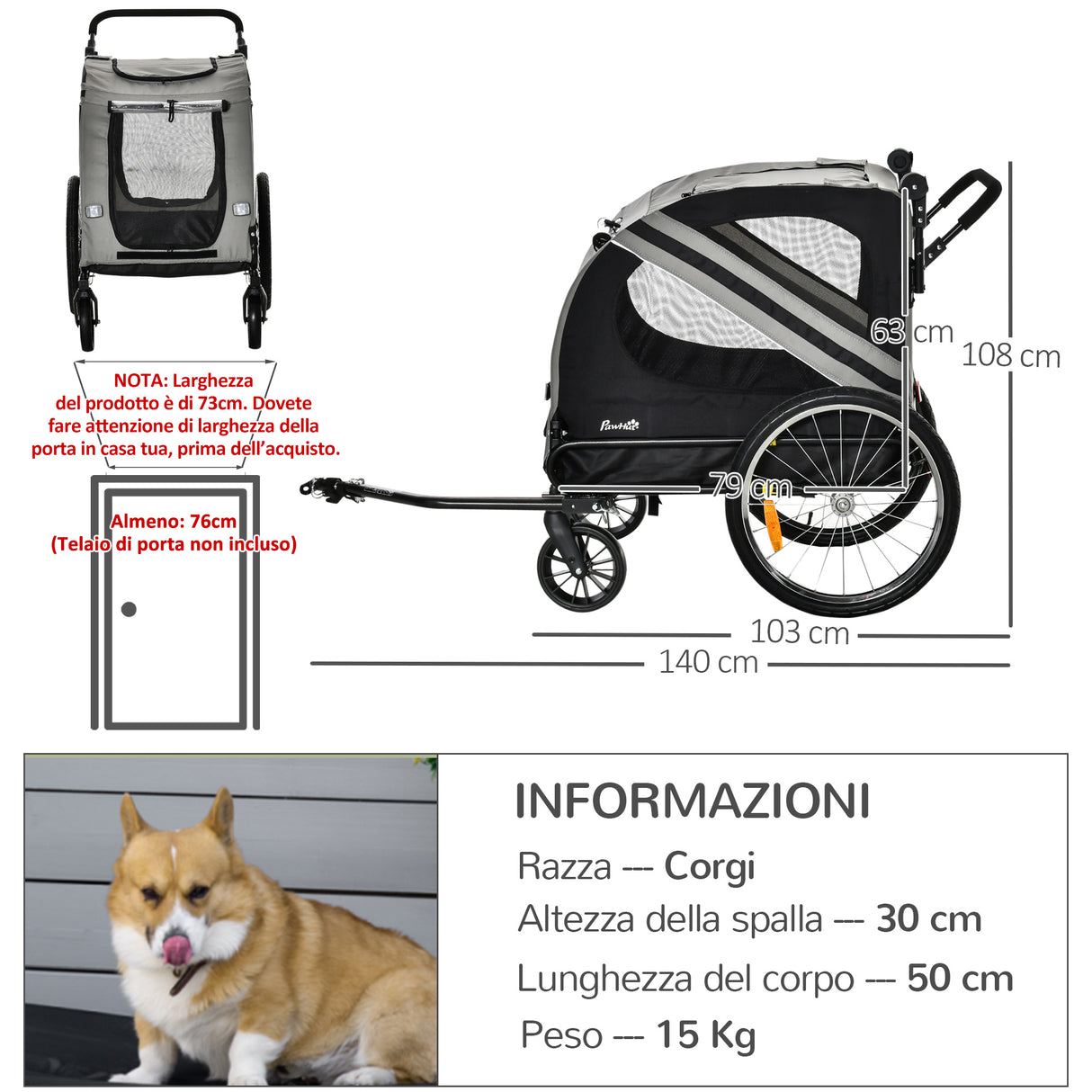 easycomfort easycomfort rimorchio cani con ingresso a cerniera ruote e bandiera in acciaio e tessuto oxford grigio nero argento
