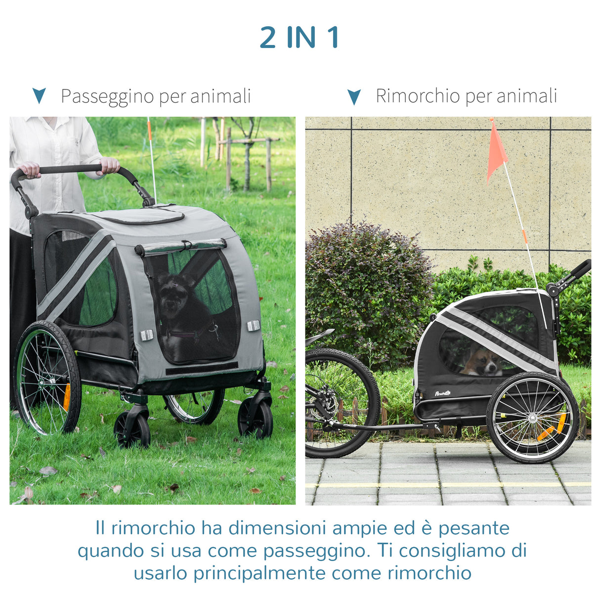 easycomfort easycomfort rimorchio cani con ingresso a cerniera ruote e bandiera in acciaio e tessuto oxford grigio nero argento