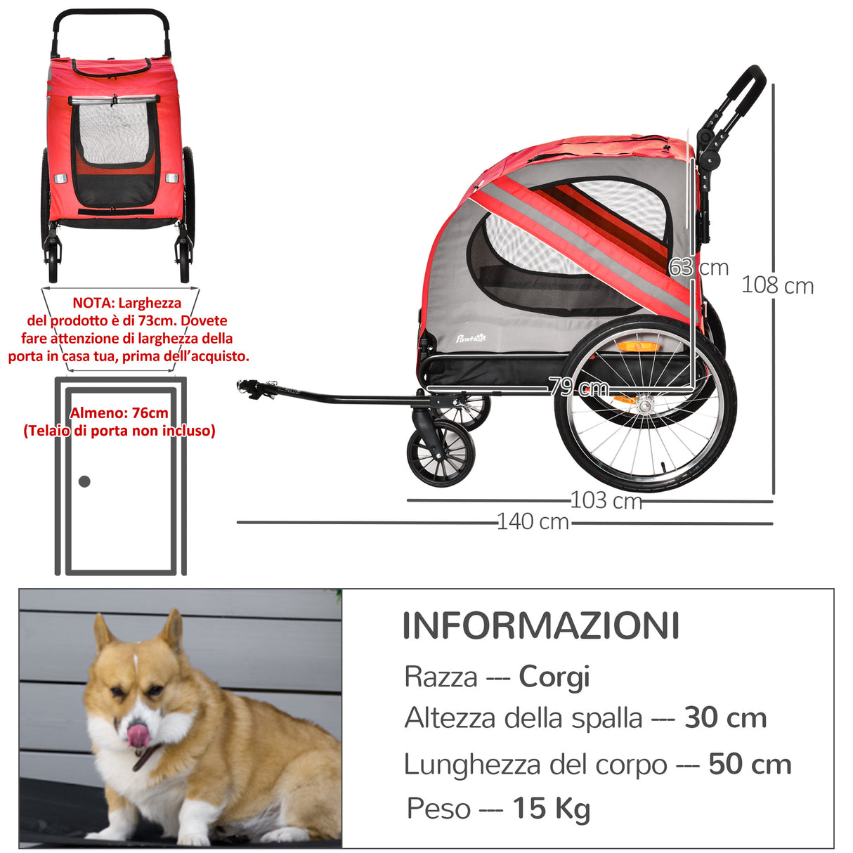 easycomfort easycomfort rimorchio cani con ingresso a cerniera ruote e bandiera in acciaio e tessuto oxford rosso argento nero