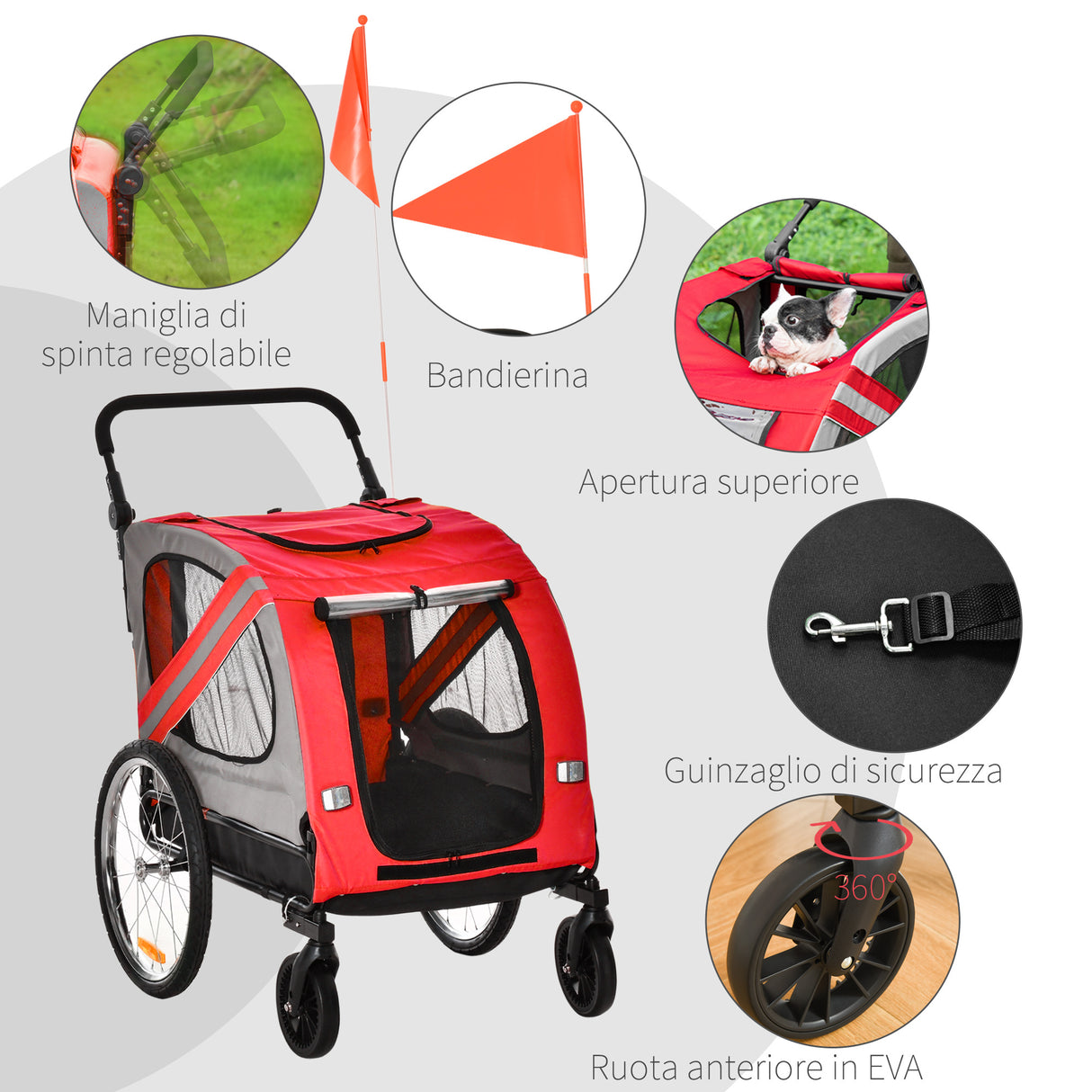 easycomfort easycomfort rimorchio cani con ingresso a cerniera ruote e bandiera in acciaio e tessuto oxford rosso argento nero